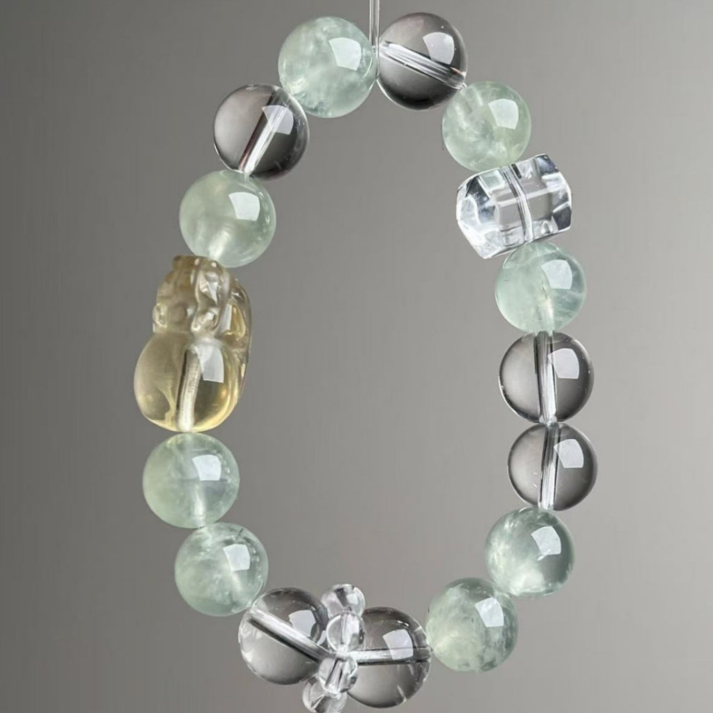 Natural Multi-Stone Clear Quartz Green Jade Snow Phantom Bracelet 11mm - View 1
