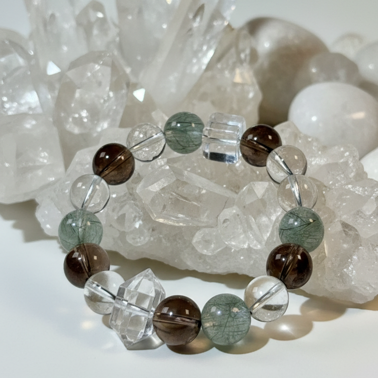 Dansenmonk Natural Harmony 12mm Mixed Crystal Bracelet  Green Rutilated Smoky  Clear Quartz Healing Bracelet for Men Women Wealth Energy Jewelry Gift