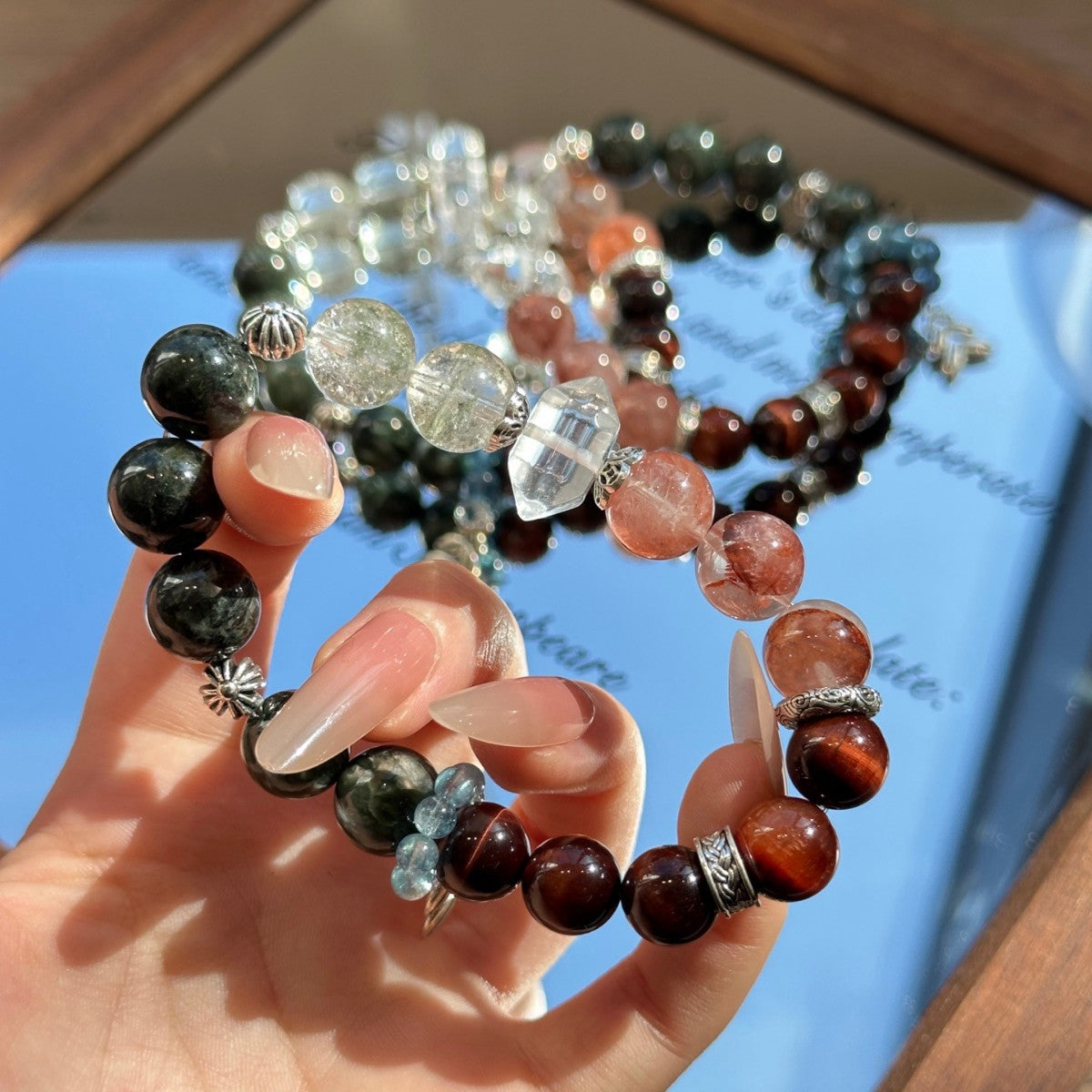 Dansenmonk Handmade Mixed Natural Crystal Bracelet  Green Rutilated Red Tiger Eye Red Phantom Green Chlorite Aquamarine Multi-Stone Healing Bracelet Premium Unique Spiritual Jewelry Gift