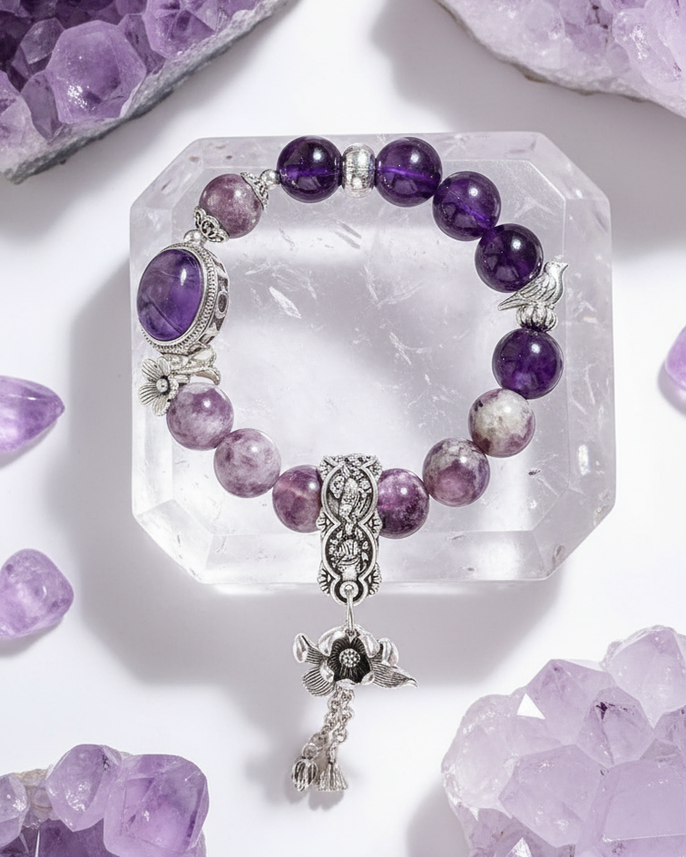 Dansenmonk Vintage Amethyst Lepidolite Bracelet Natural Purple Crystal Nine Purple Fire Luck Healing Beaded Bracelet with Antique Copper Charms Calming Spiritual Gift for Women