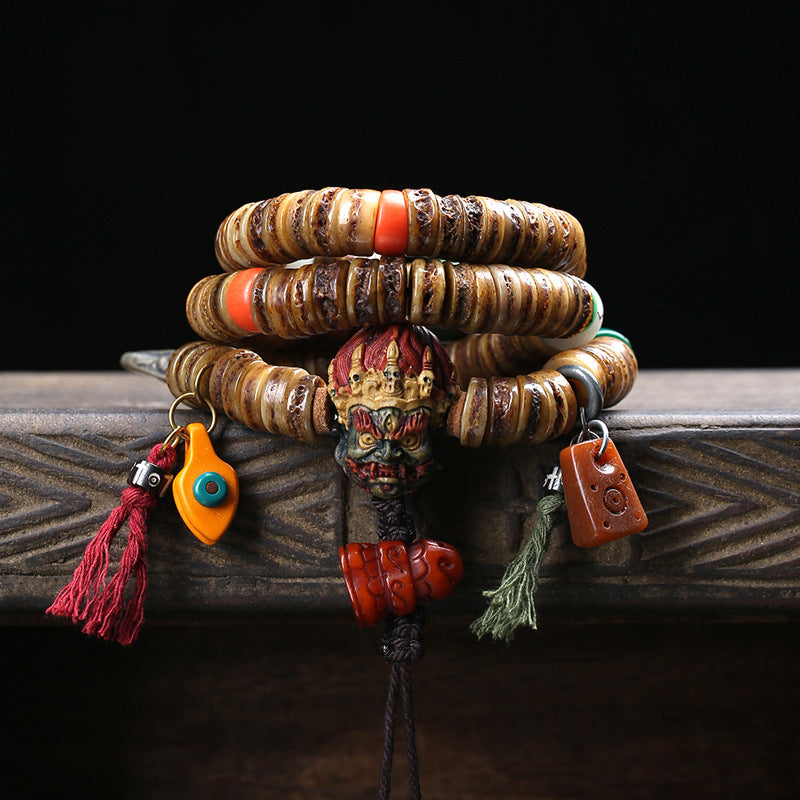 Dansenmonk Vintage Tibetan Camel Bone 108 Mala Bracelet with Mahakala Guru Bead, Root Carving & Yak Bone Pendants