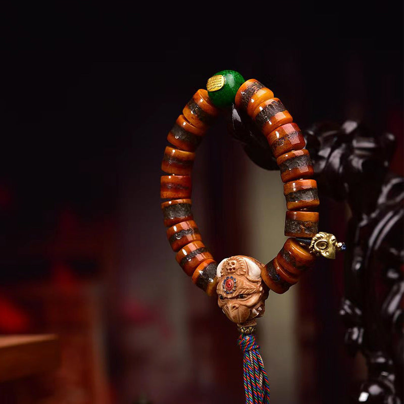 Tibetan Vintage Yak Bone Single Loop Mala Bracelet, Aged Reclaimed Bone Disc Beads, Garuda Carved Guru Bead with Ethnic Tassel