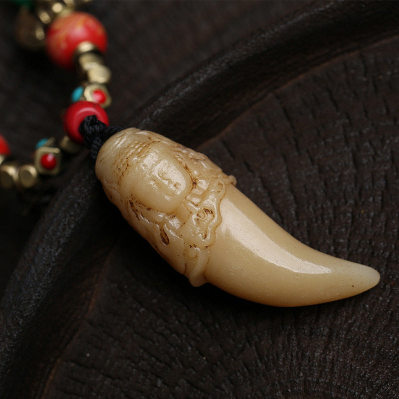 Dansenmonk Hand-Carved Buddha Tooth-Shaped Pendant Necklace Tibetan Boho Agate Beaded Sweater Chain
