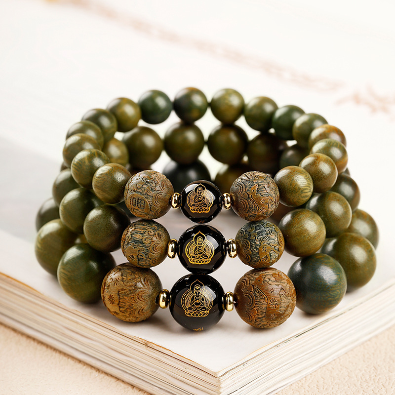 Natural Green Sandalwood Zodiac & Buddha Carved Bracelet | New Chinese Style Aromatic Wooden Bead Unisex Worry Jewelry