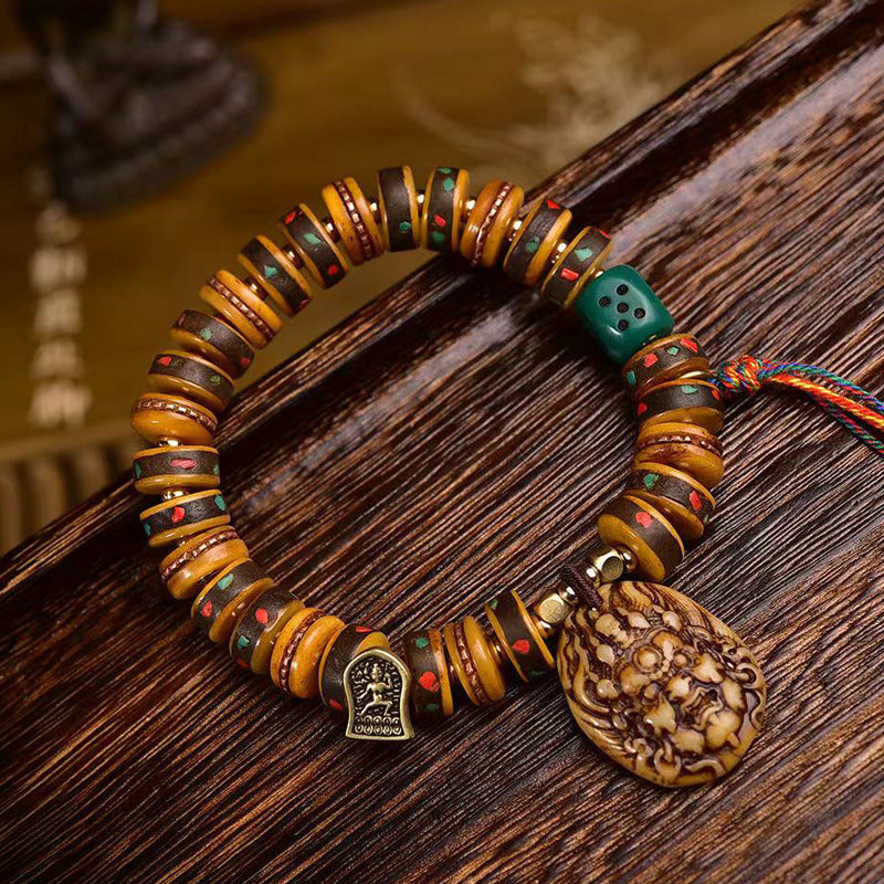 Tibetan Camel Bone Disc Bead Bracelet | Vintage Inlaid Copper & Turquoise Mala, Antique Retro Bone Prayer Bracelet for Men & Women