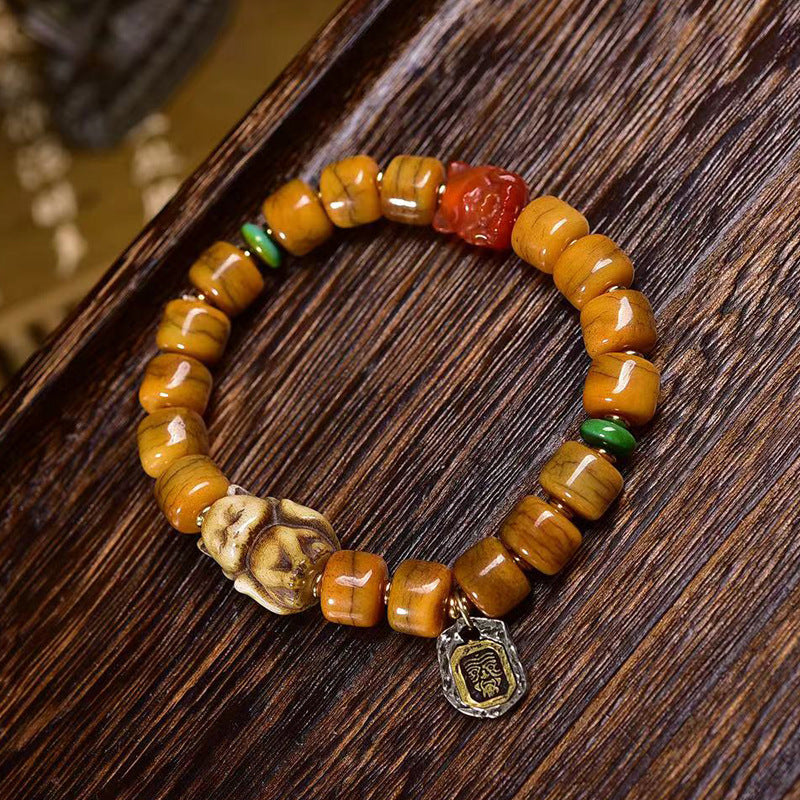 Tibetan Vintage Camel Bone Mala Bracelet | Dzi Bead, Agate & Fox Bone Charm, Single Loop Prayer Bracelet 10*8mm