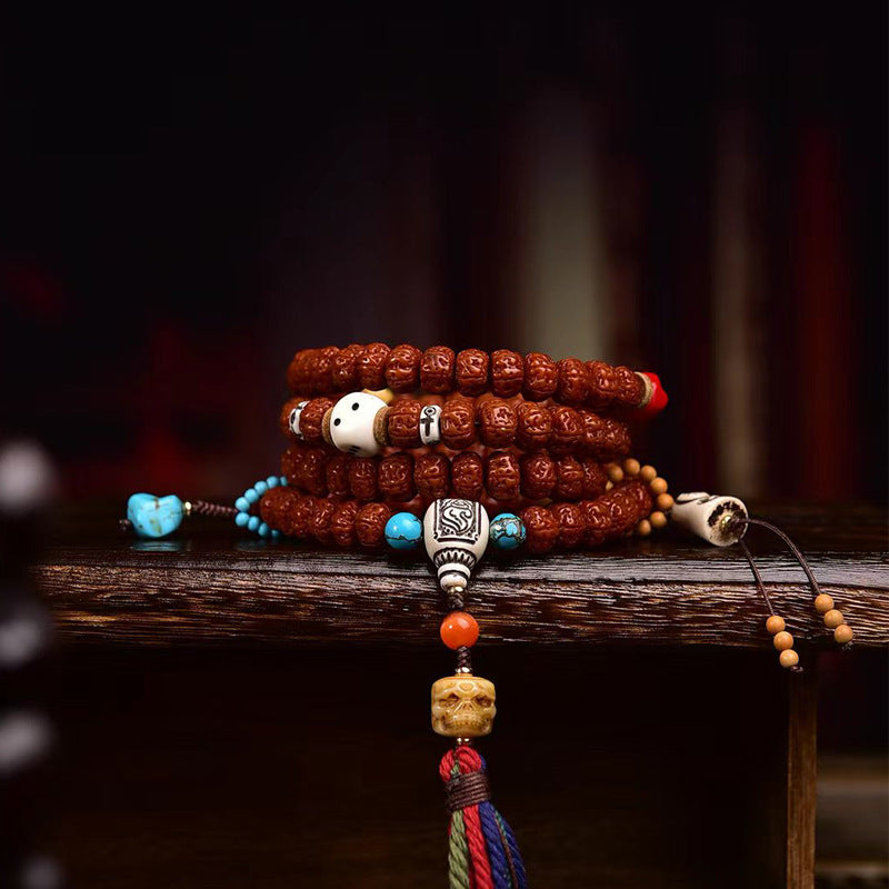 Dansenmonk Tibetan Double-Dragon 5-Petal Small Vajra Bodhi 108 Mala | Vintage Prayer Beads Necklace