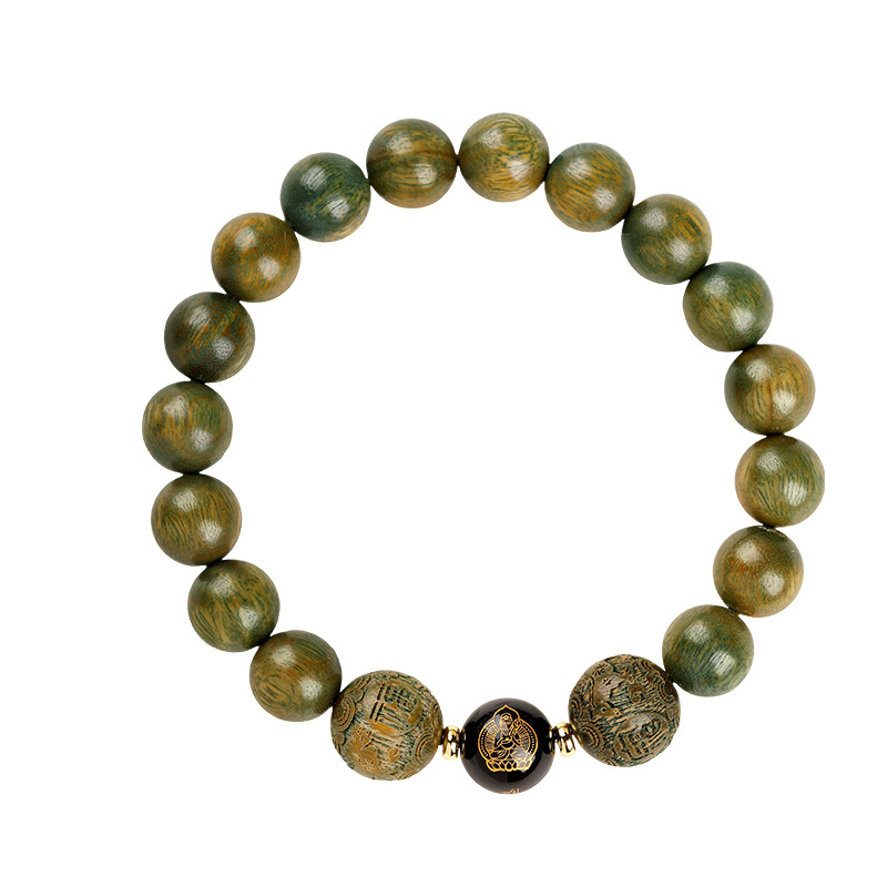 Natural Green Sandalwood Zodiac & Buddha Carved Bracelet | New Chinese Style Aromatic Wooden Bead Unisex Worry Jewelry