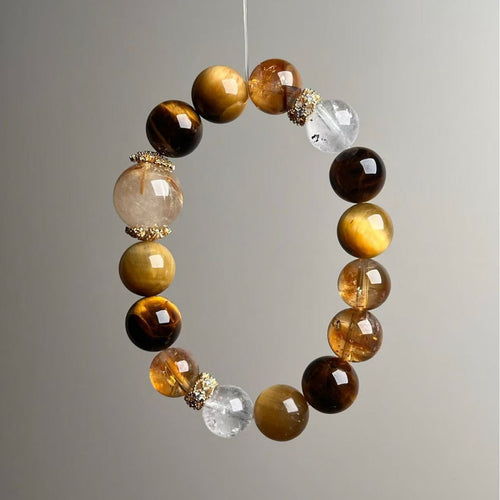 Natural Rutilated Quartz Citrine & Tiger Eye Wealth Bracelet - Side View