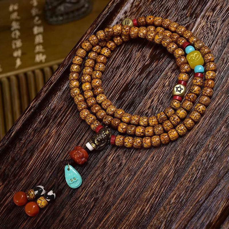 Dansenmonk Vintage Natural Hainan Star Moon Bodhi 108 Mala Bracelet with Agate & Turquoise Charms