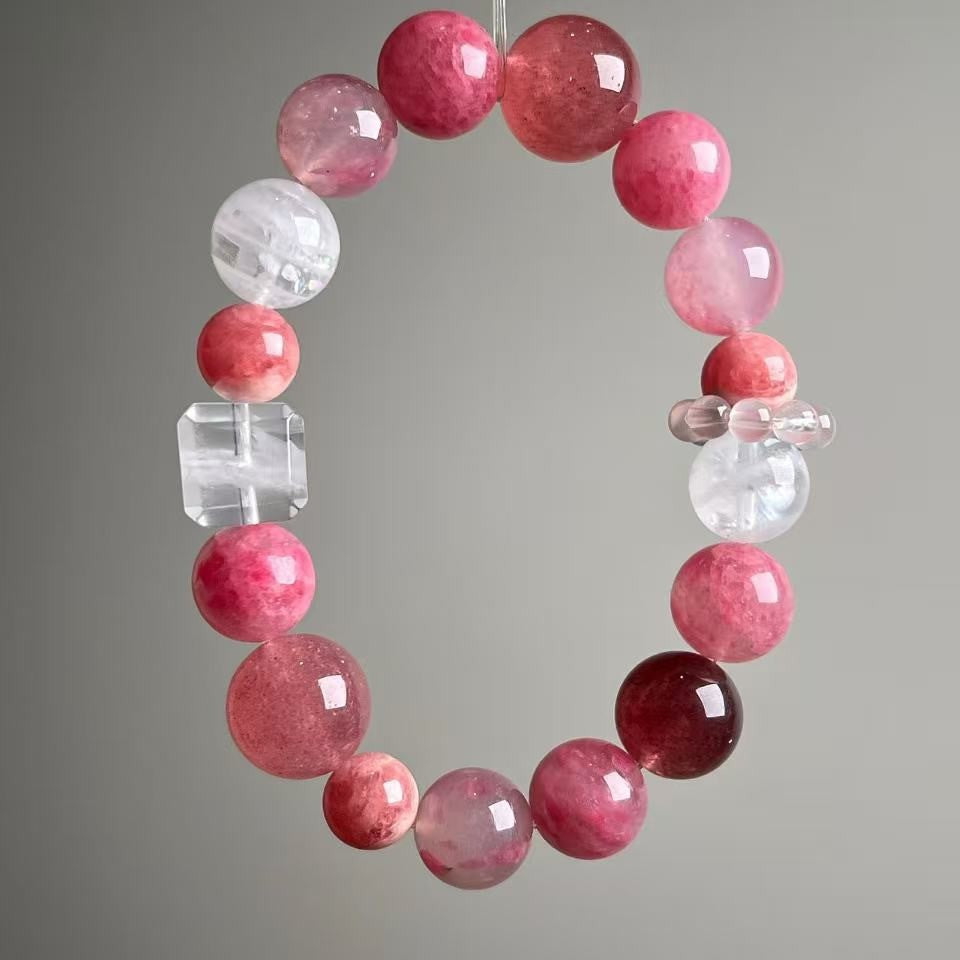 Dansenmonk Natural Rhodochrosite Crystal Bracelet 9–12mm Beads with Phantom Quartz Cube