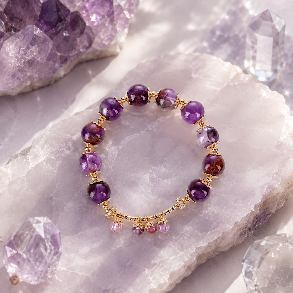Dansenmonk Natural Purple Phantom Quartz Bracelet for Women | Luxury Crystal Beaded Bangle with Gold Charm