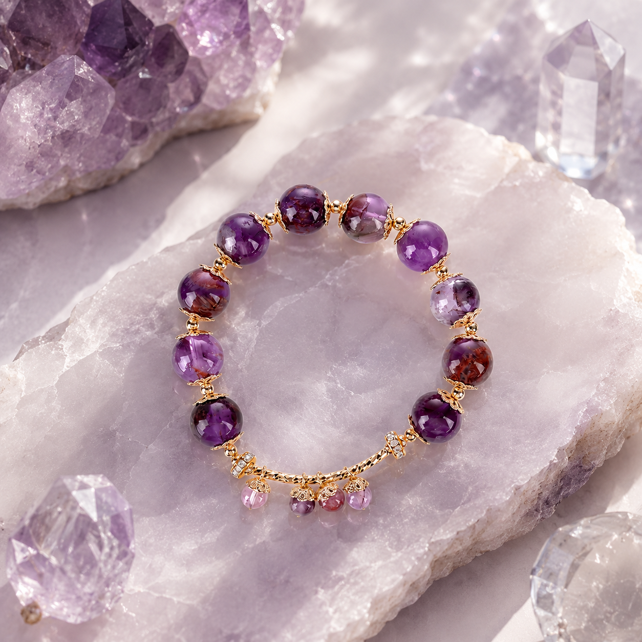 Dansenmonk Natural Purple Phantom Quartz Bracelet for Women | Luxury Crystal Beaded Bangle with Gold Charm