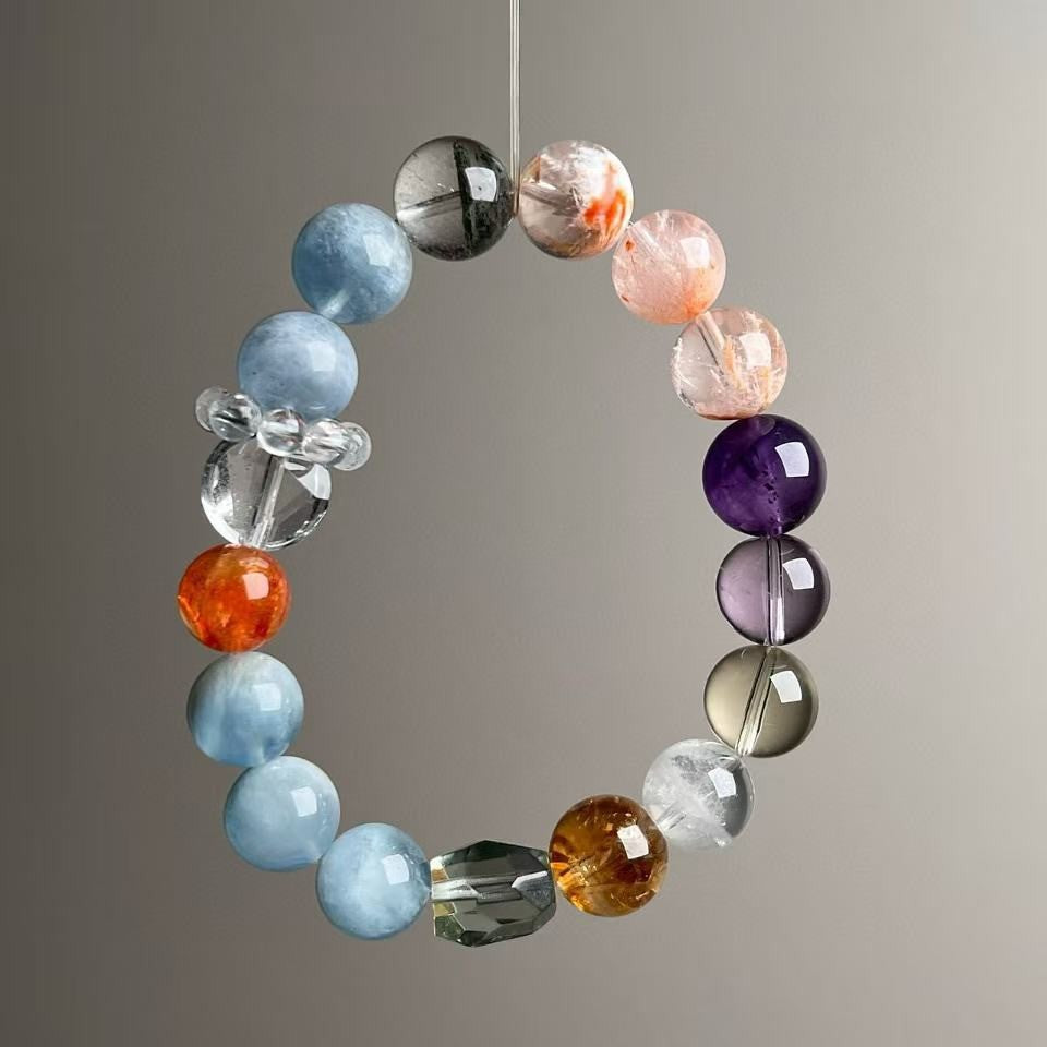 Natural Aquamarine Amethyst Clear Quartz Red Phantom Crystal Bracelet 11mm - View 2