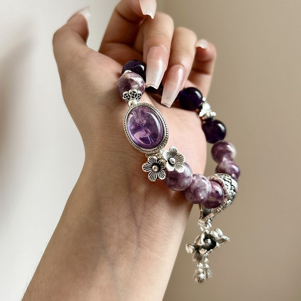 Dansenmonk Vintage Amethyst Lepidolite Bracelet Natural Purple Crystal Nine Purple Fire Luck Healing Beaded Bracelet with Antique Copper Charms Calming Spiritual Gift for Women