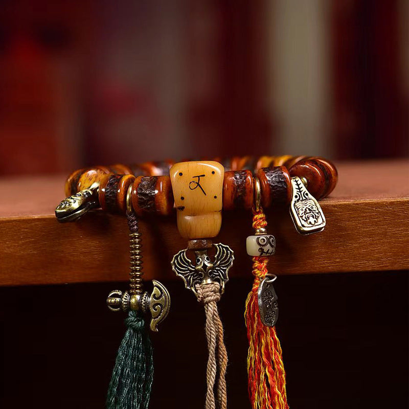 Tibetan Vintage Yak Bone Mala Bracelet  Aged Barrel Bead Prayer Beads with Bone Guru Bead & Brass Charms