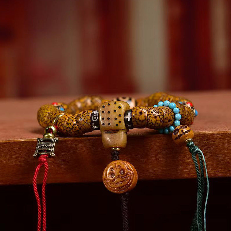 Natural Hainan Xinyue Bodhi Mala Bracelet | Vintage Crescent Moon Star Bodhi Tube Bead Tibetan Style Prayer Bracelet