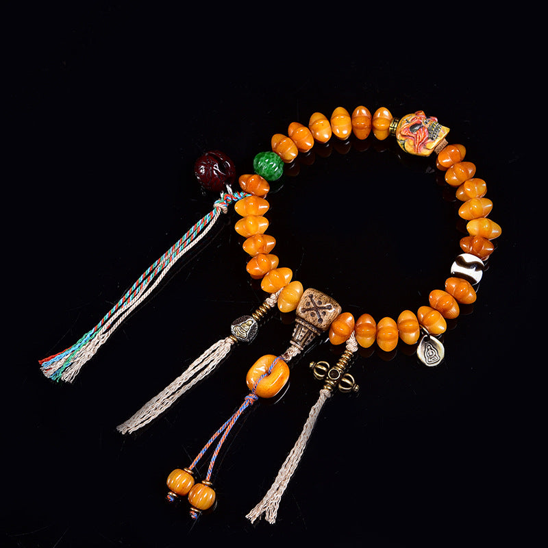Tibetan Reclaimed Camel Bone Single Loop Mala Bracelet, Vintage Bone Beads with Silver & Copper Inlay, Dzi Bead Accents Ethnic Prayer Bracelet