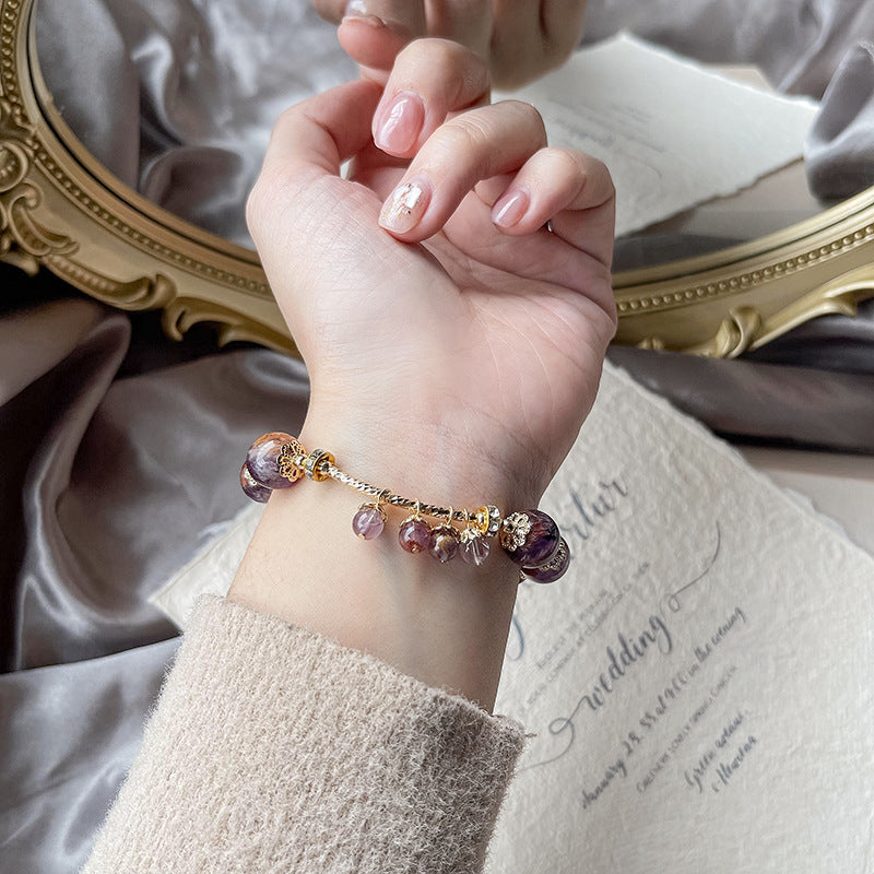 Dansenmonk Natural Purple Phantom Quartz Bracelet for Women | Luxury Crystal Beaded Bangle with Gold Charm