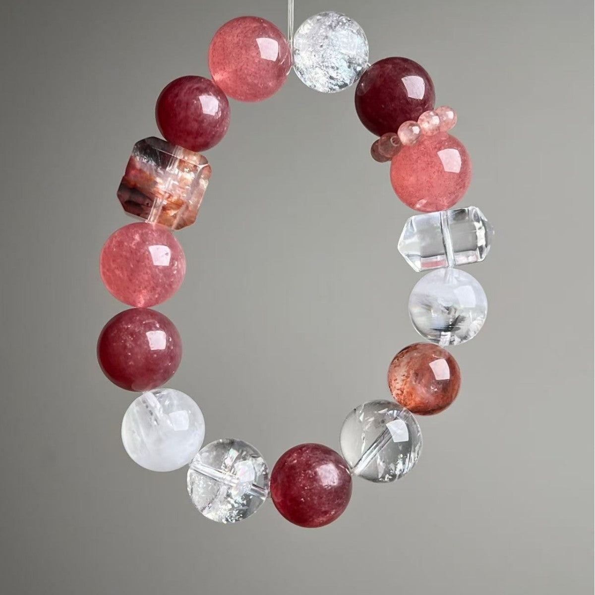Dansenmonk Natural Red Phantom Strawberry Quartz Bracelet 12-14mm Cherry-Red Mixed Crystal Bracelet, Love Attraction Healing Crystal Jewelry for Women