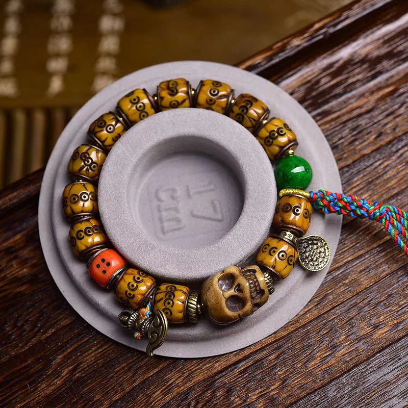 Tibetan Collected Yak Bone Barrel Bead Bracelet, Hand Carved Citipati Skull Mala with Silver Inlay, Vintage Himalayan Single Loop Prayer Bracelet