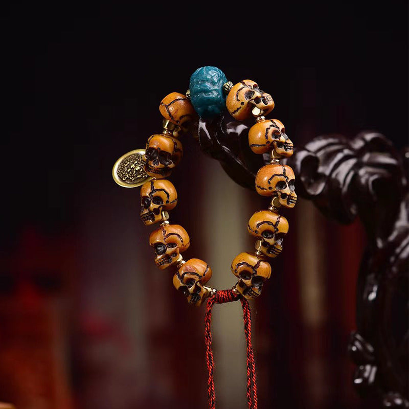 Tibetan Camel Bone Skull Mala Bracelet | Hand Carved Citipati Skeleton Beads, Vintage Ritual Bone Prayer Bracelet 15mm