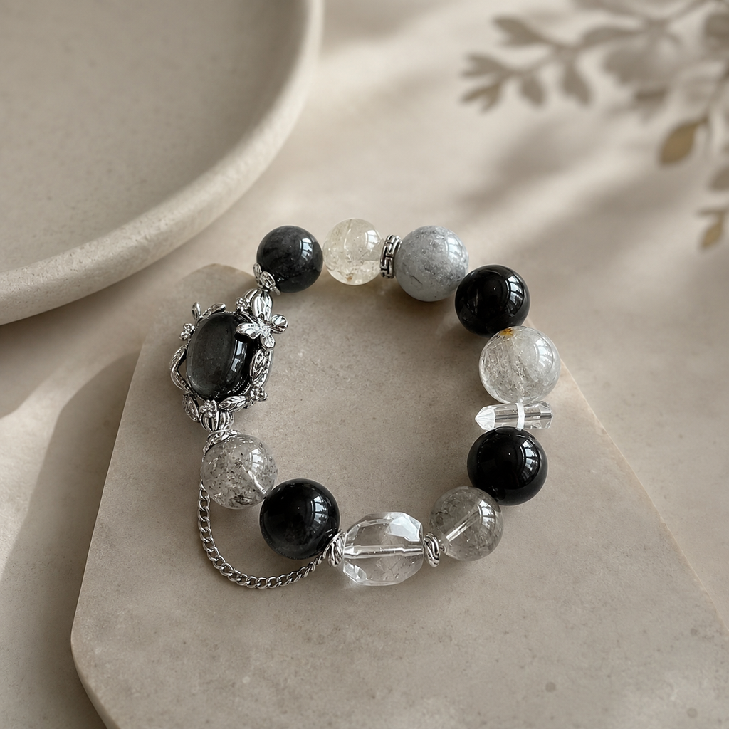 Dansenmonk Silver Sheen Obsidian  Blue Grey Rabbit Hair Quartz Bracelet  13mm Natural Crystal Beaded Bracelet  Dark Aesthetic Jewelry