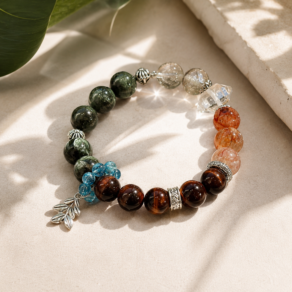 Dansenmonk Handmade Mixed Natural Crystal Bracelet  Green Rutilated Red Tiger Eye Red Phantom Green Chlorite Aquamarine Multi-Stone Healing Bracelet Premium Unique Spiritual Jewelry Gift