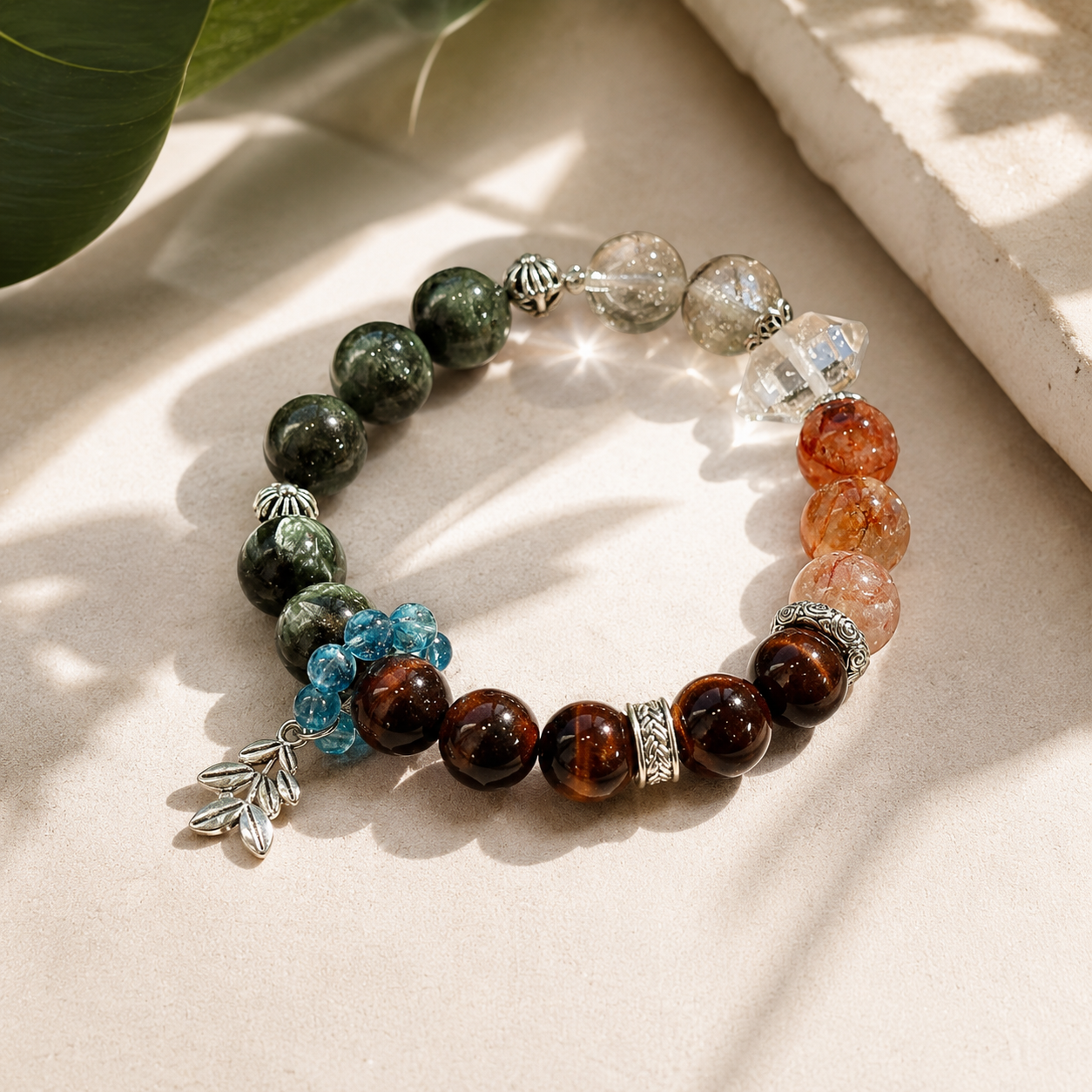Dansenmonk Handmade Mixed Natural Crystal Bracelet  Green Rutilated Red Tiger Eye Red Phantom Green Chlorite Aquamarine Multi-Stone Healing Bracelet Premium Unique Spiritual Jewelry Gift