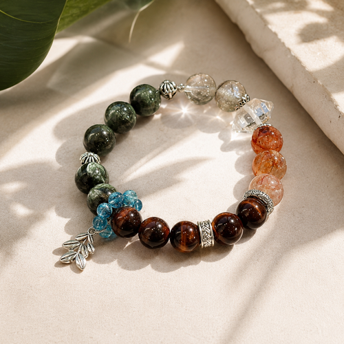 Dansenmonk Handmade Mixed Natural Crystal Bracelet  Green Rutilated Red Tiger Eye Red Phantom Green Chlorite Aquamarine Multi-Stone Healing Bracelet Premium Unique Spiritual Jewelry Gift