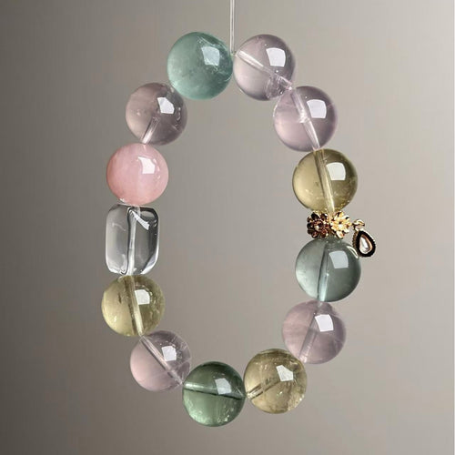 Dansenmonk 14mm Natural Multi-Stone Crystal Bracelet | Mixed Morganite Citrine Green Fluorite & Clear Quartz Zodiac All-in-One Healing Bracelet, Wealth Luck Emotional Balance Gemstone Jewelry for Women