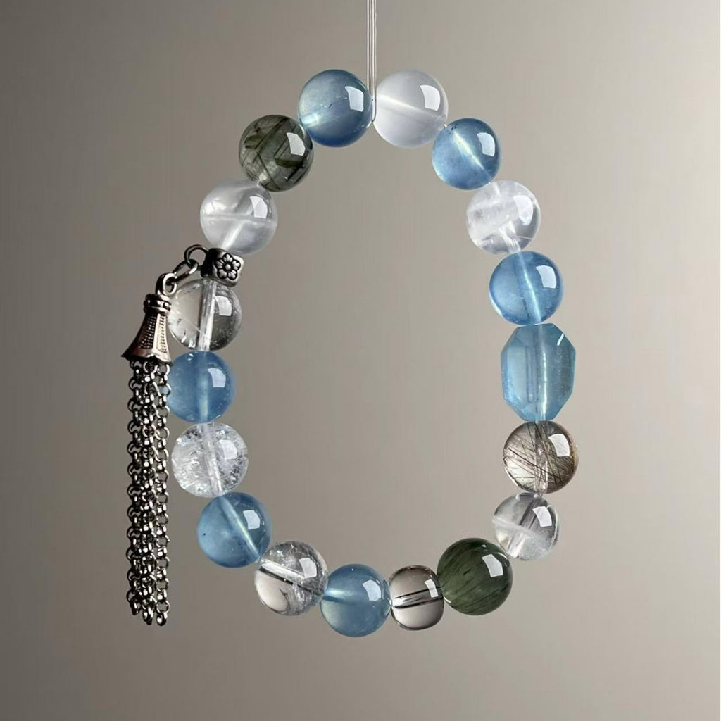 Natural Aquamarine Multi-Stone Bracelet 10mm with Vintage Tassel Charm - View 2