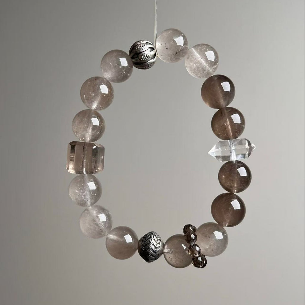 Vintage Grey Rabbit Hair & Smoky Quartz Crystal Bracelet - View 2