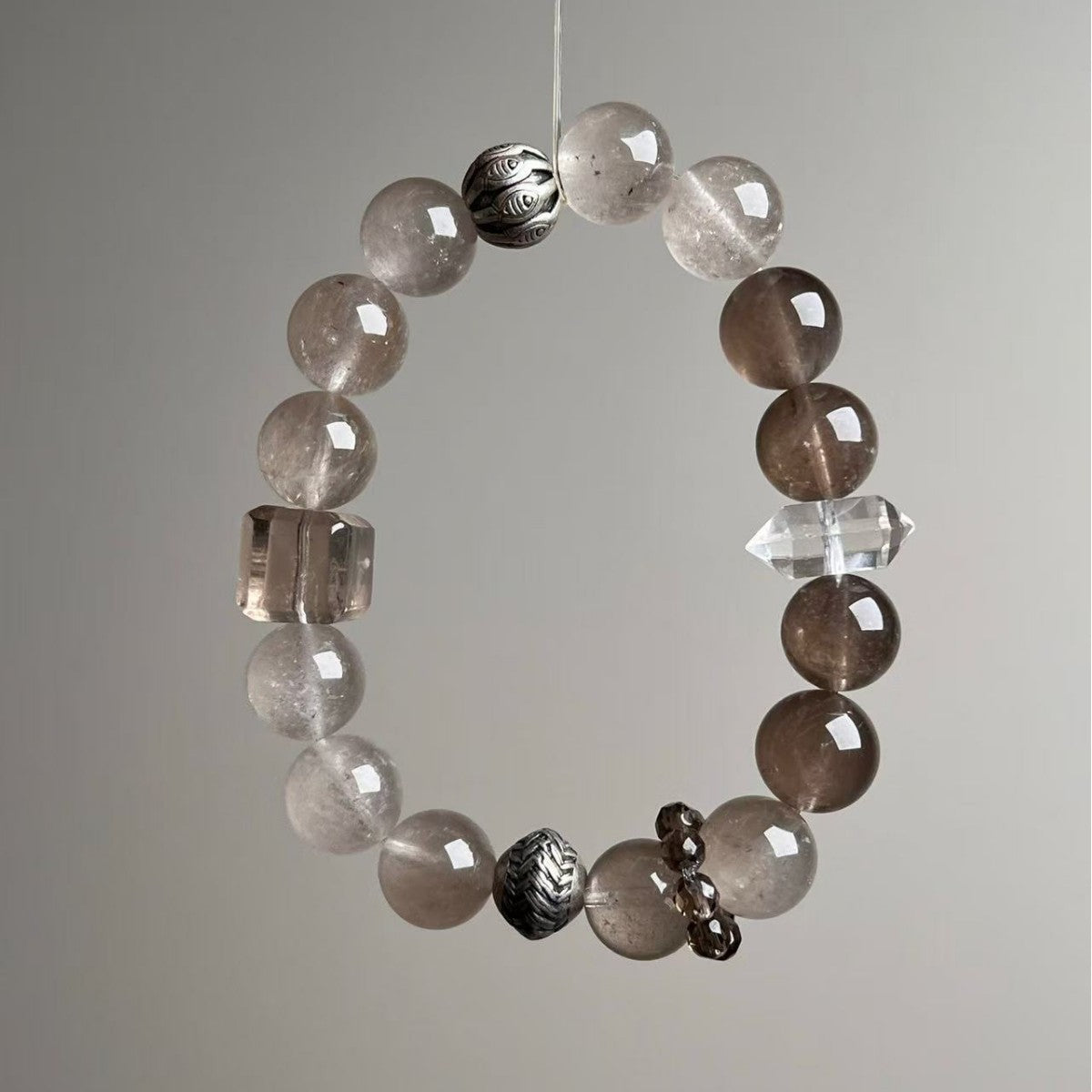 Vintage Grey Rabbit Hair & Smoky Quartz Crystal Bracelet - View 2