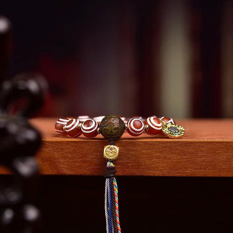 Natural Agate Medicine Buddha Eye Dzi Bead Bracelet | Tibetan Style Vintage Prayer Mala Single Strand