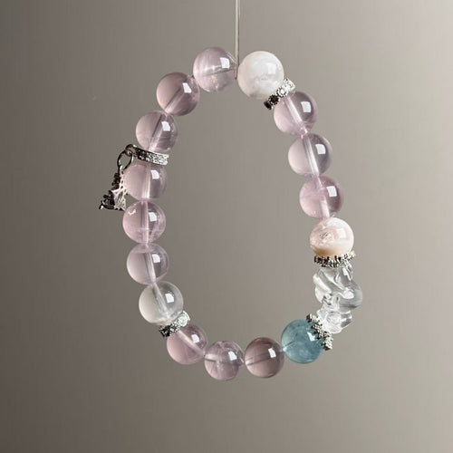 Natural Rose Quartz Bracelet with Aquamarine & Snow Phantom Crystal - Side View