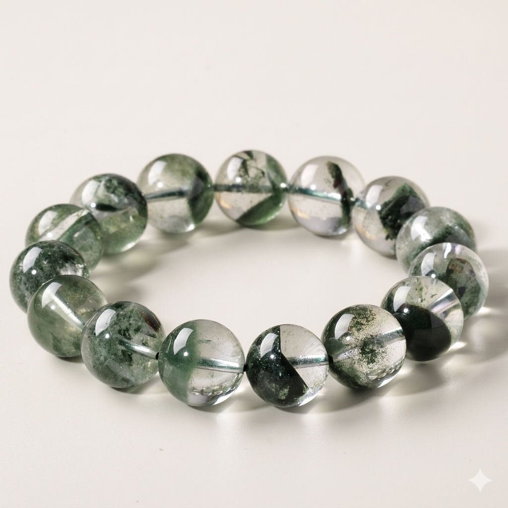 Dansenmonk Natural 7A Grade Green Phantom Quartz Bracelet – Treasure Bowl Phantom Crystal Bead Bangle