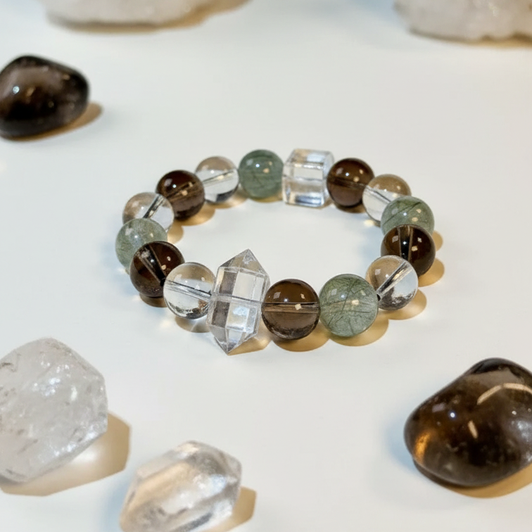Dansenmonk Natural Harmony 12mm Mixed Crystal Bracelet  Green Rutilated Smoky  Clear Quartz Healing Bracelet for Men Women Wealth Energy Jewelry Gift