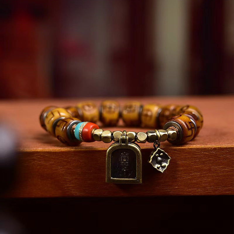 Tibetan Vintage Camel Bone Mala Bracelet, Carved Swastika Beads with Brass Gau Box Pendant, Retro Himalayan Prayer Bracelet