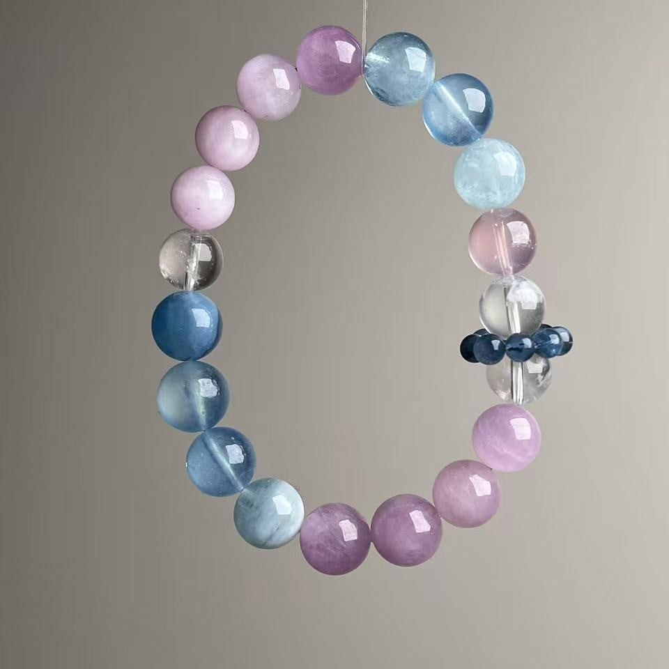 Natural Aquamarine Kunzite Clear Quartz Mixed Bracelet 10mm - View 2