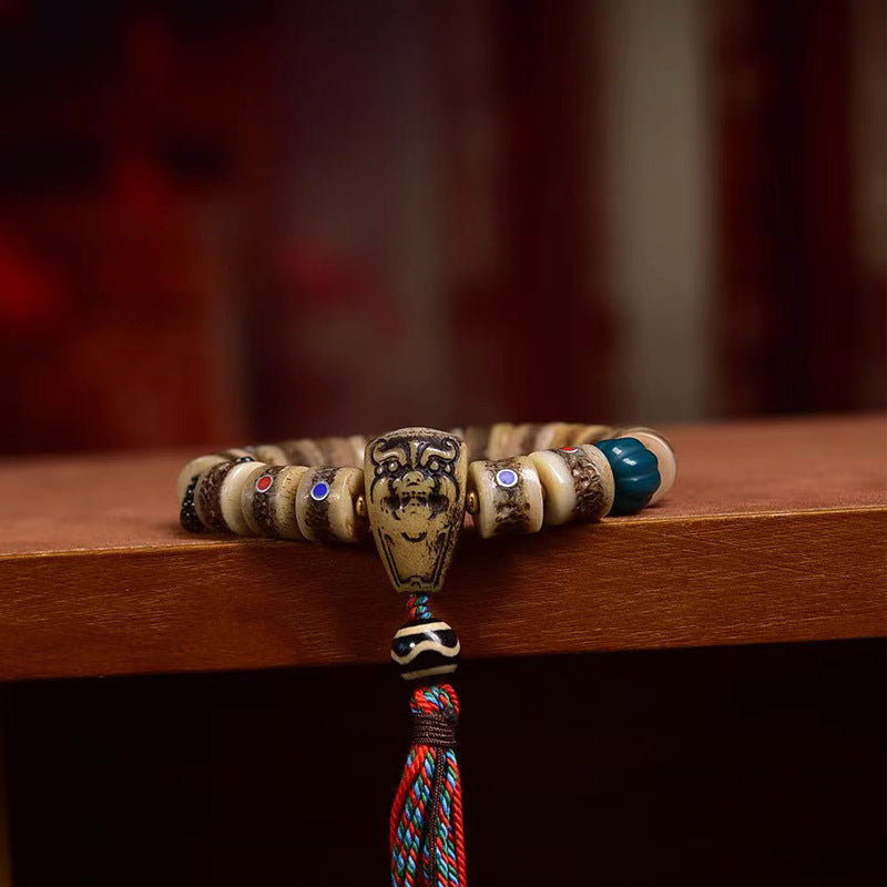Tibetan Vintage Yak Bone Single Loop Bracelet, Barrel Beads with Multi-Color Stone & Silver Inlay, Himalayan Reclaimed Bone Mala with Tassel