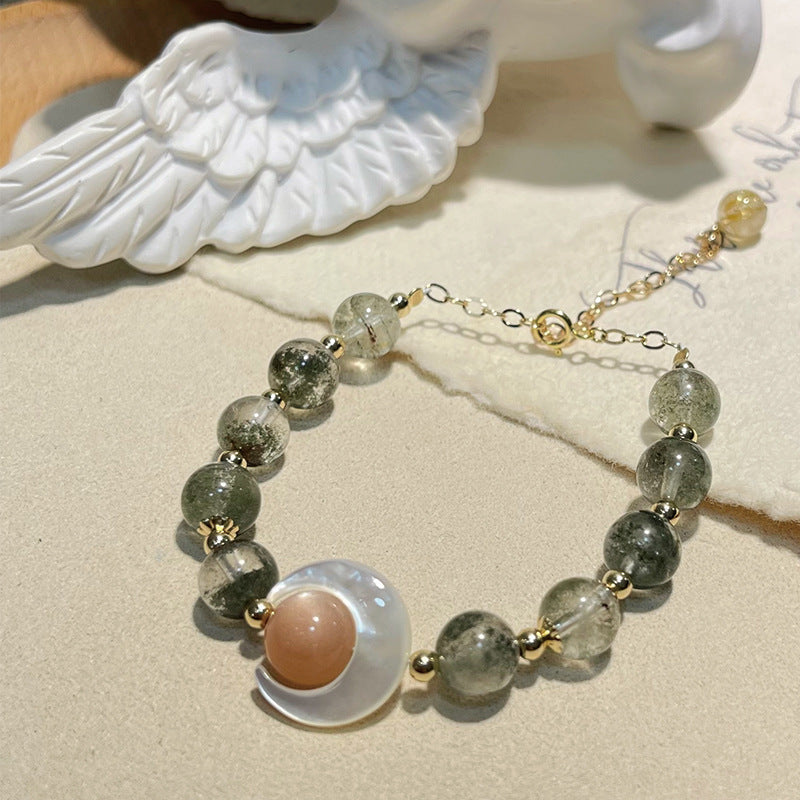 Dansenmonk Natural Green Phantom Golden Rutilated Quartz Bracelet with Orange Moonstone 14k Gold-Filled Moon Shell Charm Bracelet