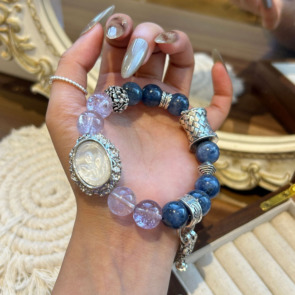 Dansenmonk Natural Amethyst & Blue Kyanite Bracelet with Mother of Pearl | Multi-Stone Crystal Beaded Bracelet