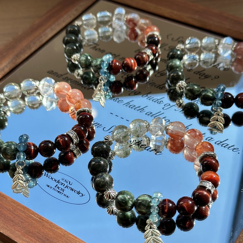 Dansenmonk Handmade Mixed Natural Crystal Bracelet  Green Rutilated Red Tiger Eye Red Phantom Green Chlorite Aquamarine Multi-Stone Healing Bracelet Premium Unique Spiritual Jewelry Gift