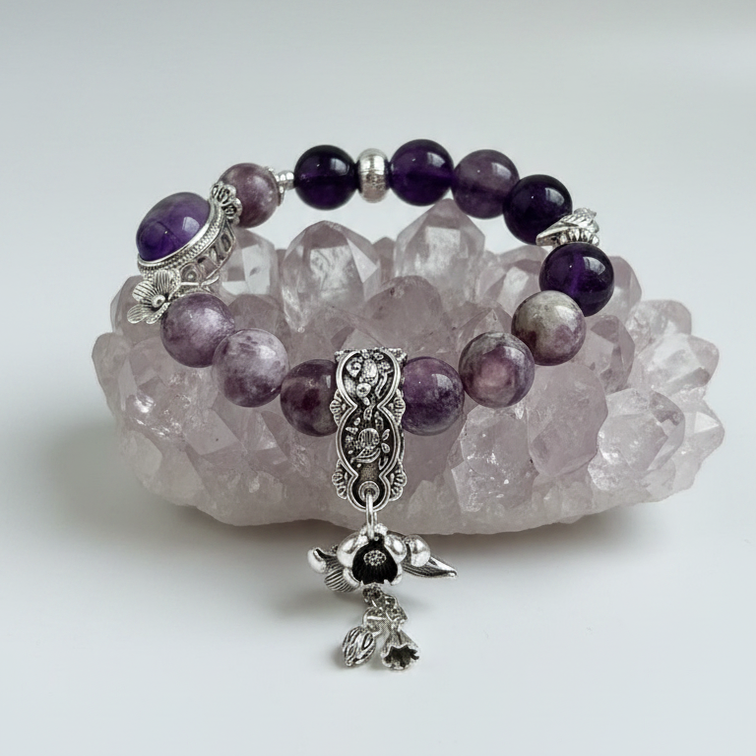 Dansenmonk Vintage Amethyst Lepidolite Bracelet Natural Purple Crystal Nine Purple Fire Luck Healing Beaded Bracelet with Antique Copper Charms Calming Spiritual Gift for Women