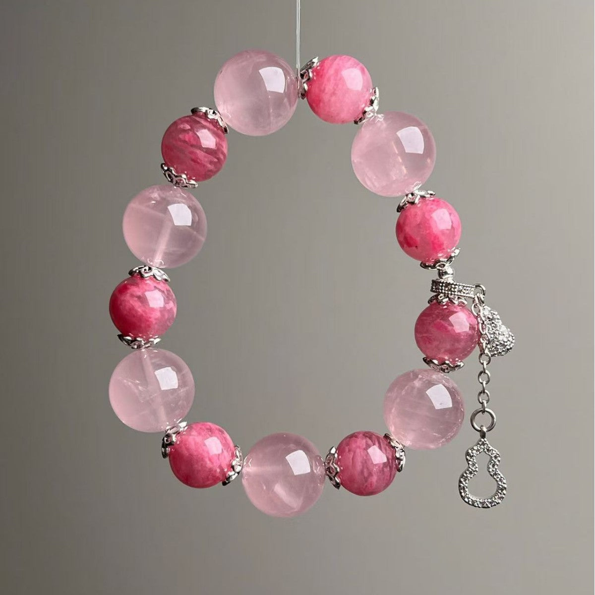 Handmade natural pink rose quartz beaded bracelet with charm pendant
