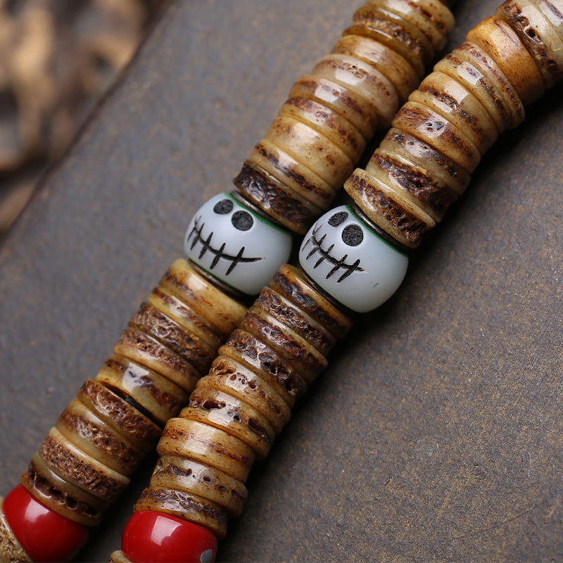 Dansenmonk Vintage Tibetan Camel Bone 108 Mala Bracelet with Mahakala Guru Bead, Root Carving & Yak Bone Pendants