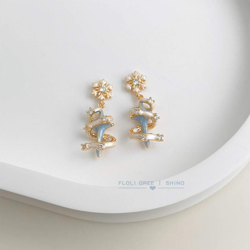 Snowflake Dangle Drop Earrings, Pastel Blue Enamel Designer Earrings, Sweet Chic Cubic Zirconia Gold Plated Earrings for Women