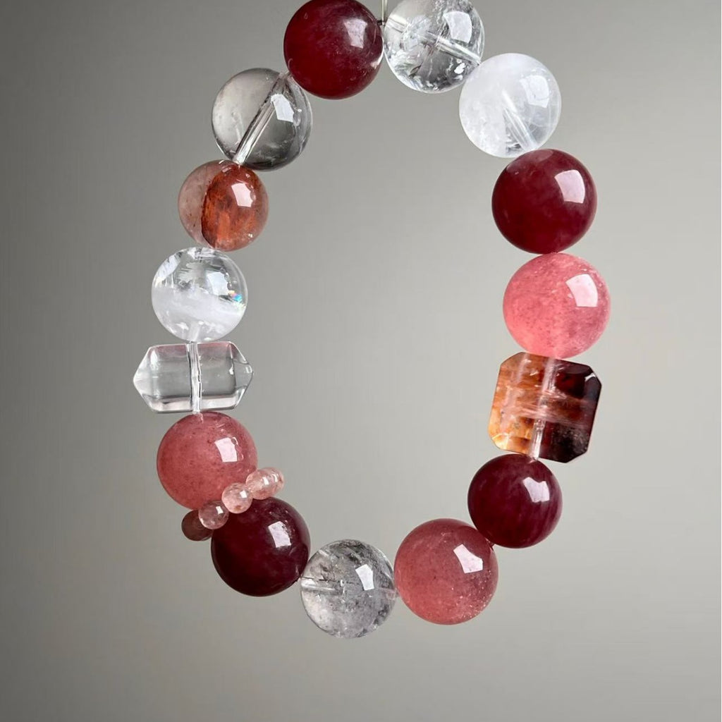 Dansenmonk Natural Red Phantom Strawberry Quartz Bracelet 12-14mm Cherry-Red Mixed Crystal Bracelet, Love Attraction Healing Crystal Jewelry for Women
