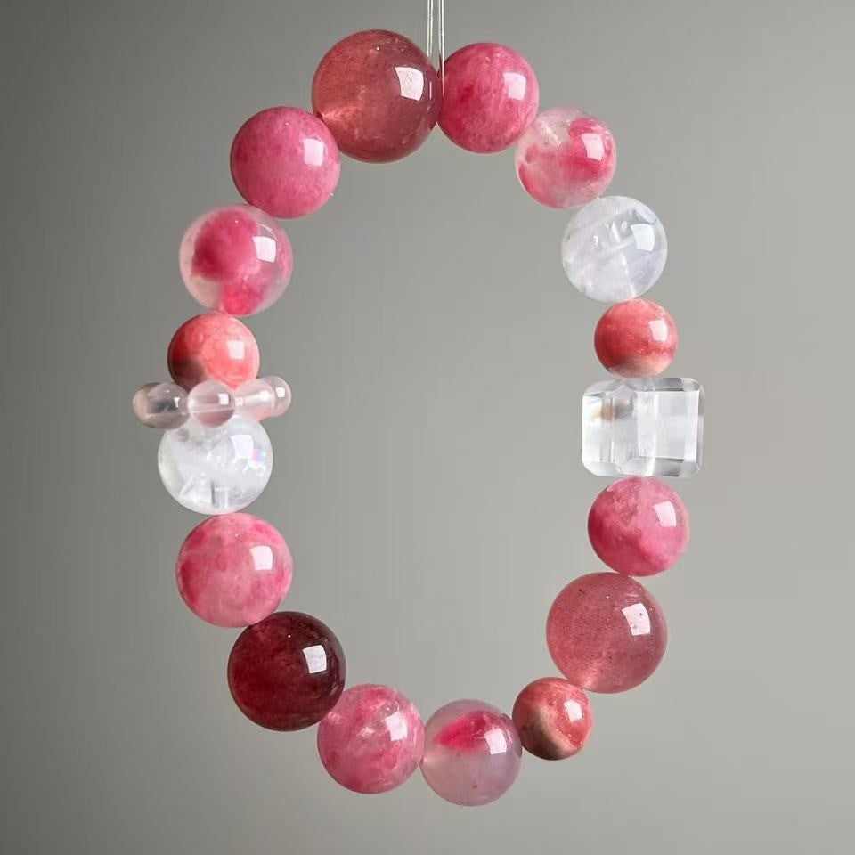 Dansenmonk Natural Rhodochrosite Crystal Bracelet 9–12mm Beads with Phantom Quartz Cube